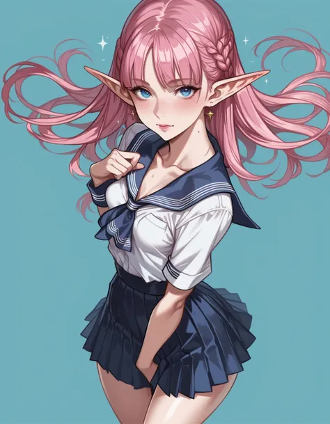 score_9, score_8_above, score_8, 1 , (small breasts),   medium hips,   medium thighs,    looking at the spectator,  white skin,Big smooth pink hair, fringe, school clothes White, Elf Ears,blue eyes.