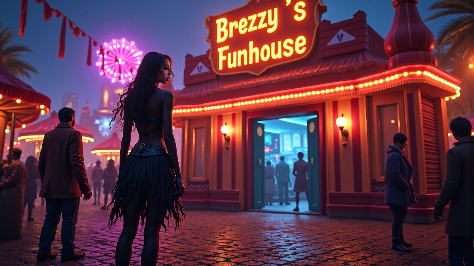 standing in front of a funhouse, sign above the funhouse that says "BREEZY'S FUNHOUSE" in bold letters at a carnival she lures the viewer in 