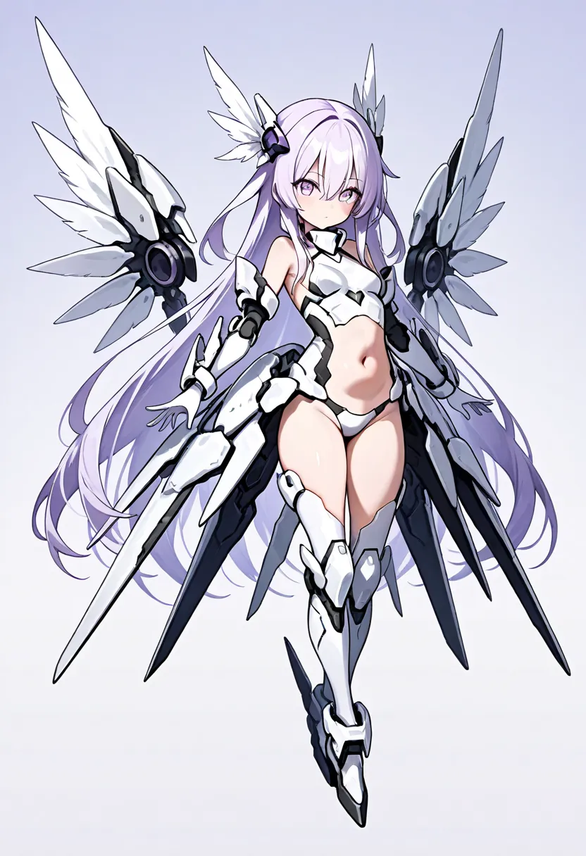 AG Ghost, ,white armor, small breasts, full body, white arm gloves, hair ornament, light purple hair, long hair, very long hair, looking at the viewer, mecha musume, navel, exposed belly, light purple eyes, very small breasts, white feather armor, bangs, s...