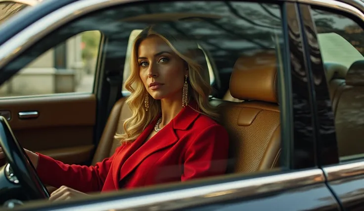 7 ️ ⇒ ULTRA REALISTIC IMAGE of a golden Two-Headed Eagle, reflected in the car glass of a woman dressed in red, coming out of a Rolls-Royce . In your hand, a Hermès bag and a corporate merger agreement. His presence exudes power , And the eagle symbolizes ...