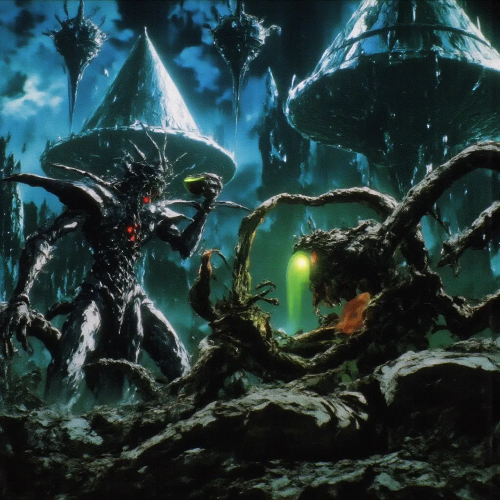 dvd screenshot of 1987 Dark Souls fantasy film, scene of a alien-robot drinking green atomic liquid from a cup, ships shaped like luminous pyramids in the sky, graindarkfantasy