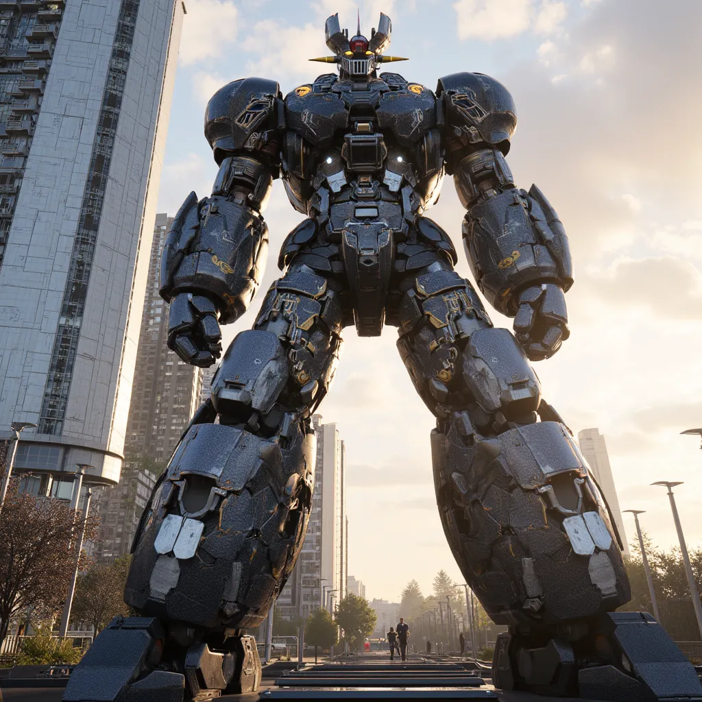  Modified Mazinger Z ,  stands 100 meters high ahead .  It is constructed from modern materials such as steel ,   Carbon Fiber  ,   Other industrial elements are also visible  ,  Just like the real thing  ,   I'm standing in front of a high-rise tower wher...