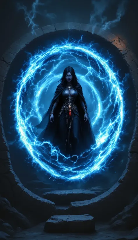 realistic, masterpieces, female dark mage, creates magic circle which is portal to another world, glowing circle rounded by circle stone, magical portal inside stoned circle, mysterious magic, glowing bright circles, vortex inside portal, glowing magic por...