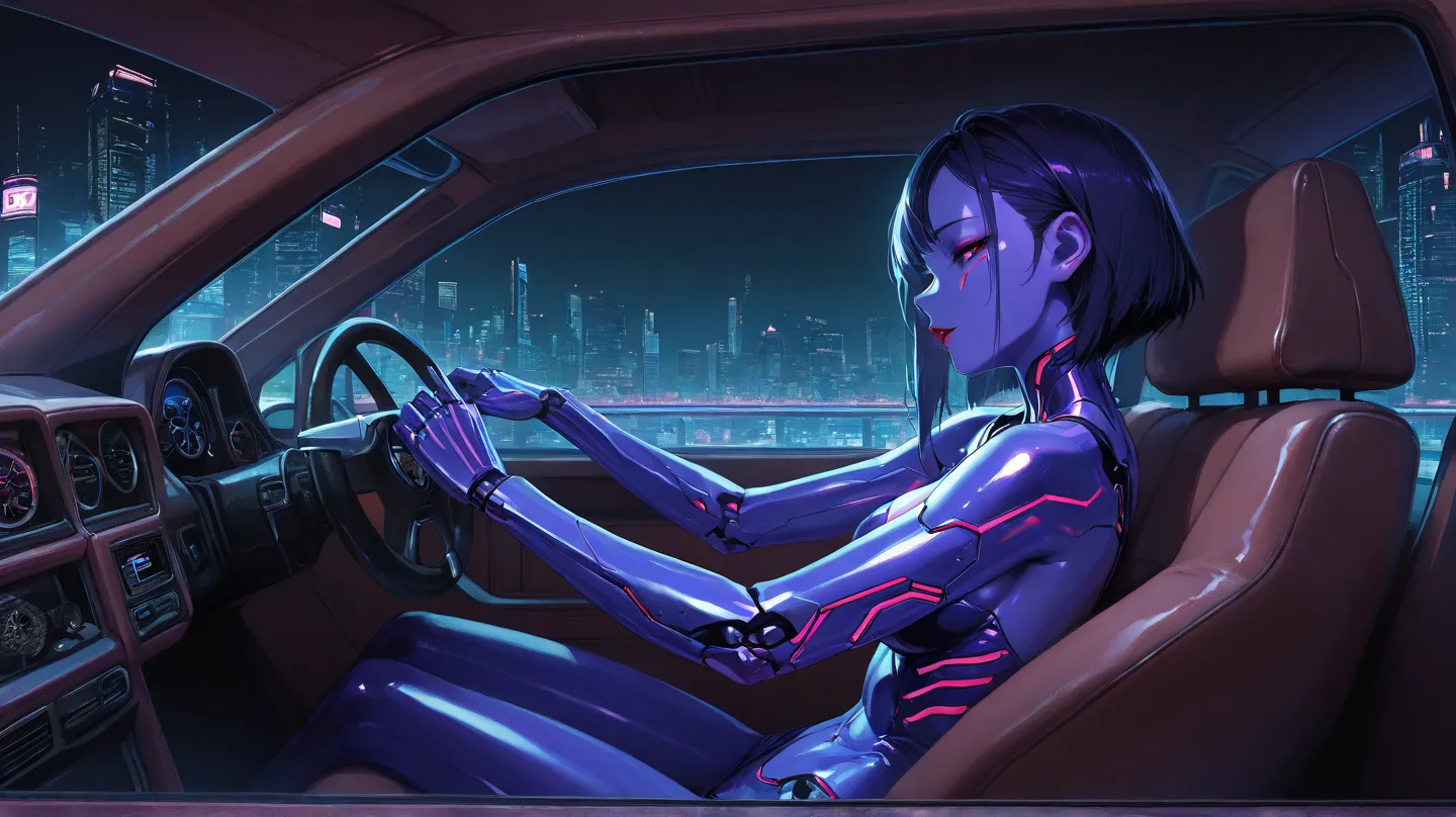 (top quality), (very detailed), (best illustrations), gravure model,(lone), 1 female , riding in a car , drive,night, side view ,steering wheel, Sit in your seat,night view, cyberpunk,city, ,걸작,top quality, so beautiful ,high resolution,(( seductive body )...