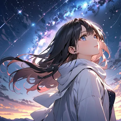 ( Hi-Res), 星 look up at the sky長髪の美女 、２８age、 strong eyes  、Willpower 、 length, Shiny long black hair swaying in the wind、alone、  sky-like life on the Koran、１０００ Starry Night Sky 、 Wear a white contemporary coat 、 doesn't forget the feeling of the day 、 lis...