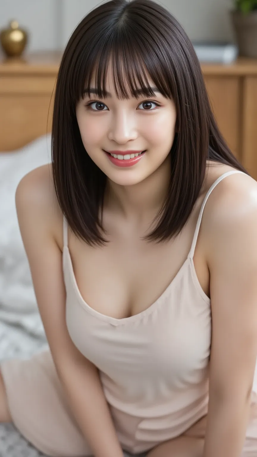 Hi-Res, masterpiece, anatomically correct, very detailed, textured skin, One Japanese Woman, bedroom, on the bed,  sitting on the bed and open your legs , Jet Black Hair, long hair, smile, pure white teeth, (big breasts:1.3),  Shaking Breasts, transparent ...