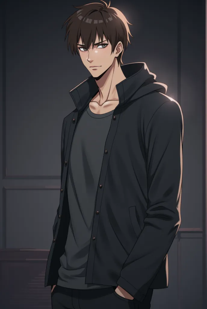 handsome anime guy, brown hair, light brown eyes, wearing normal clothes