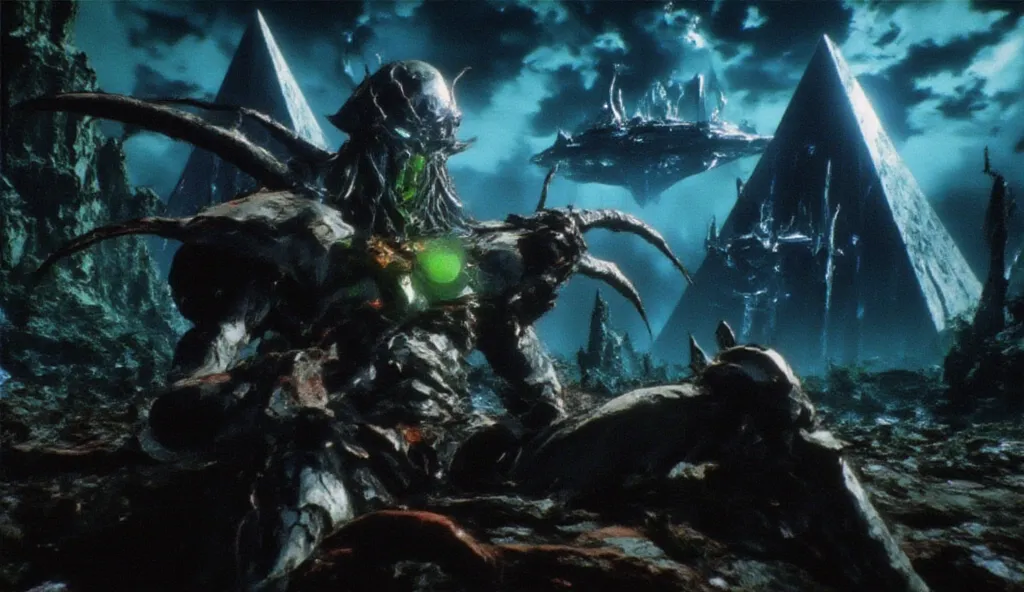 dvd screenshot of 1987 Dark Souls fantasy film, scene of a alien-robot drinking green atomic liquid from a cup, ships shaped like luminous pyramids in the sky, graindarkfantasy