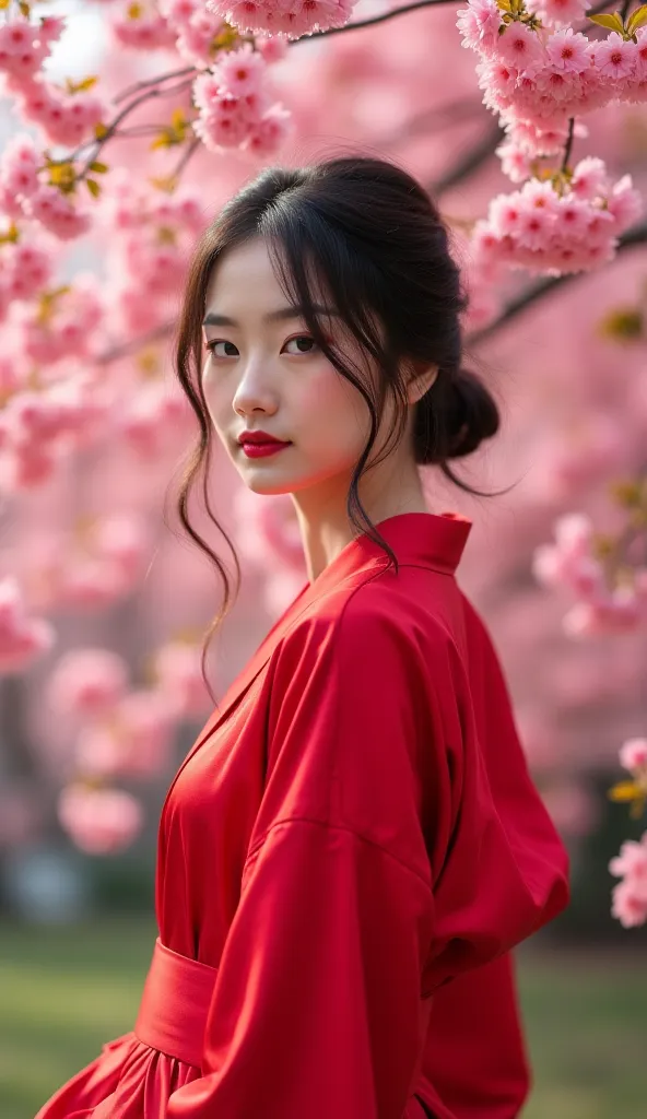 Japanese model in short sexy red satin robe stands near blooming sakura