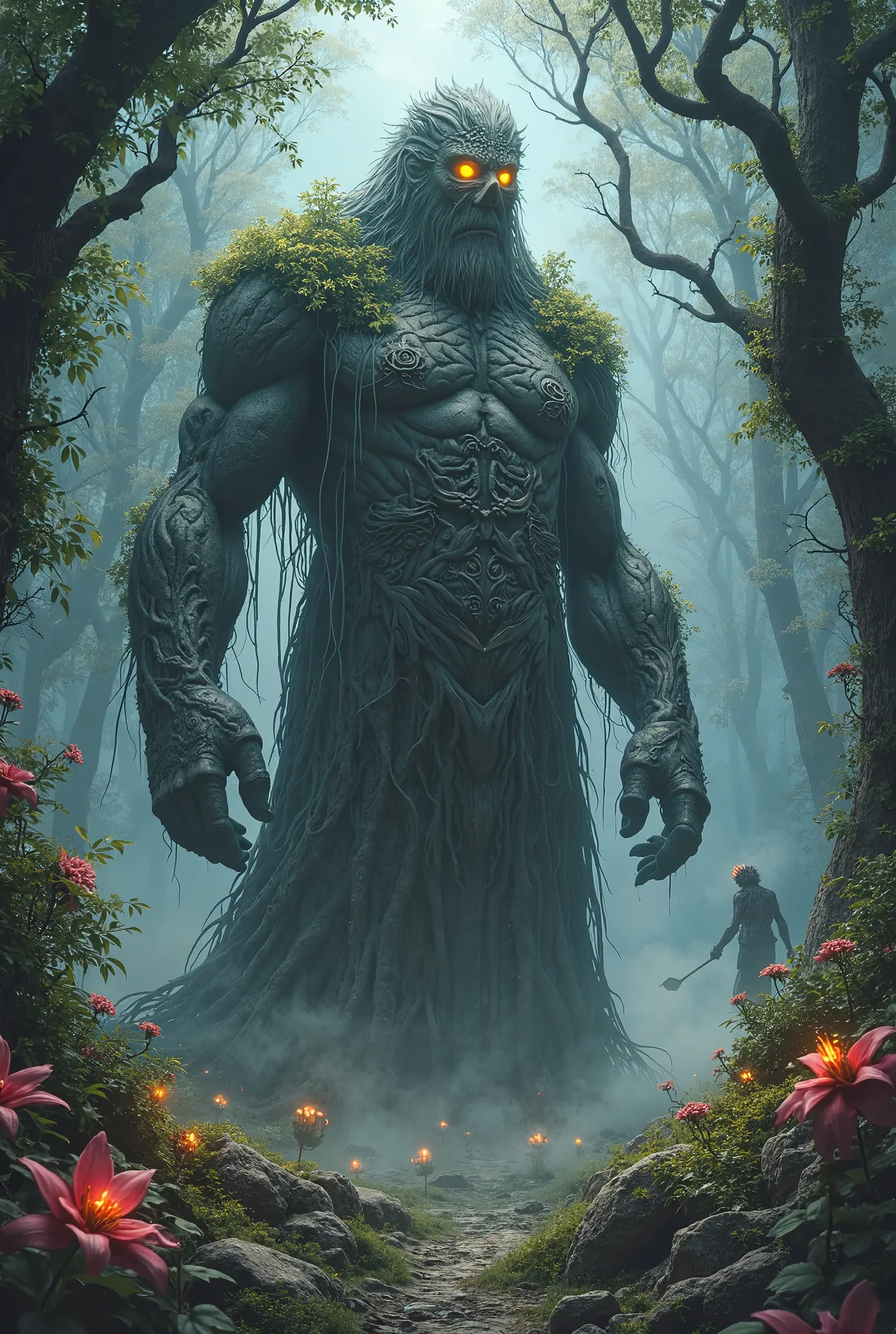 Obra maestra. UHD. ESTILO REALISTA. Cinemátic. An ancient forest guardian, towering and majestic, stands watch over a sacred grove. This colossal figure is a blend of stone and ancient tree roots, with moss and ivy draping across its weathered surface. Its...