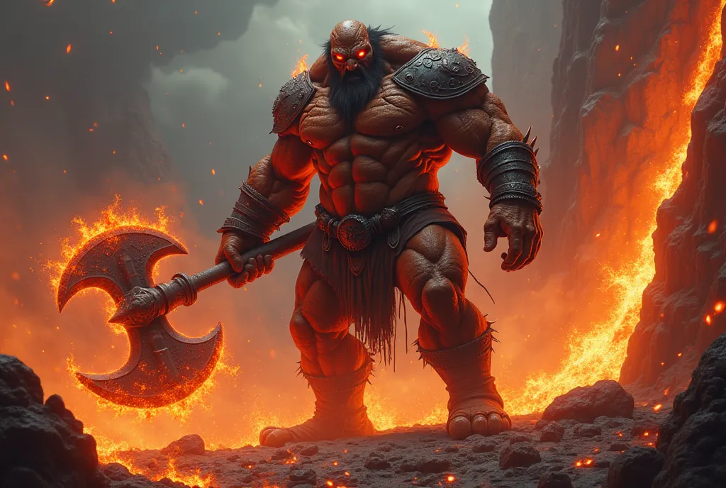 Obra maestra. UHD. ESTILO REALISTA. CINEMÁTIC. An overly muscular man, the man's skin is dark cracking with red lava-like veins. He is standing on a rock with lava flowing around him. The man is holding a giant flaming battle axe. He only has one eye, the ...