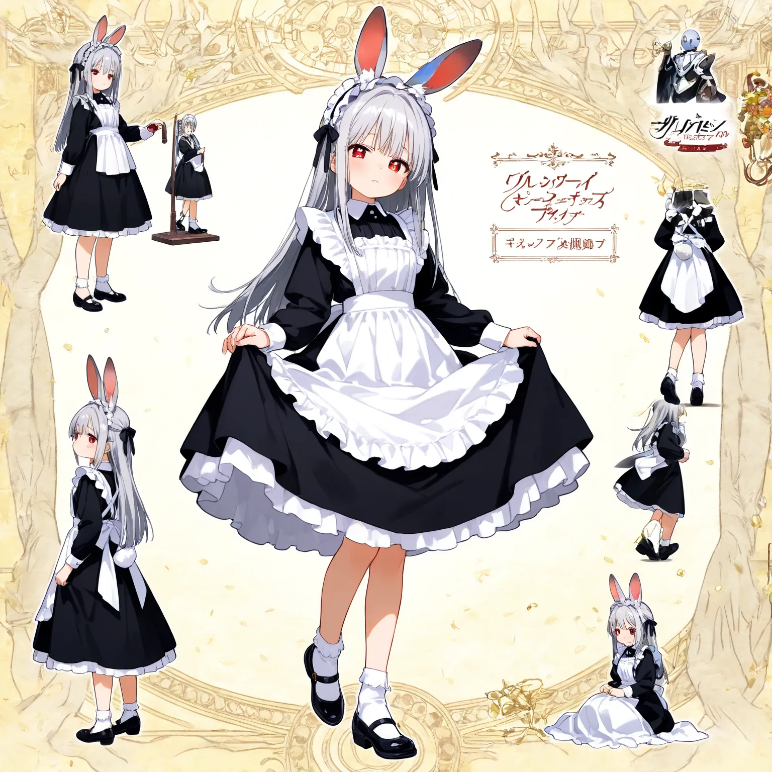 high quality, beautiful image quality over the right shoulder, detailed image quality,  illustration style, full body illustration, Alone, girl, glamorous figure, gray hair long straight hair, Rabbit Ears, tail,  red eyes,beautiful eyes, fishy eyes in char...