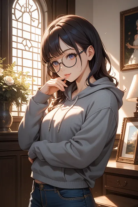 A woman who is 160 cm tall and weighs 100 kg, wears a gray hoodie and jeans, wears green-to-brown gradation glasses, dark hair, and waist-length