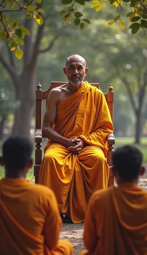 monk is teaching of the dharma to a group of pepole, monk is looking front, people looking at his eyes from siting on the ground  ,pepole should be infront of monk, monk is siting alone, monk is sri lankan, monk is siting on a chair, , A5 size , pepole sho...