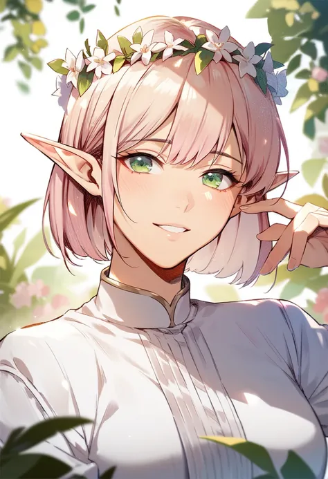 1girl, pretty, cute, light red hair, bob hair, bangs, green eyes, elf, white outfit, flower crown, manhwa