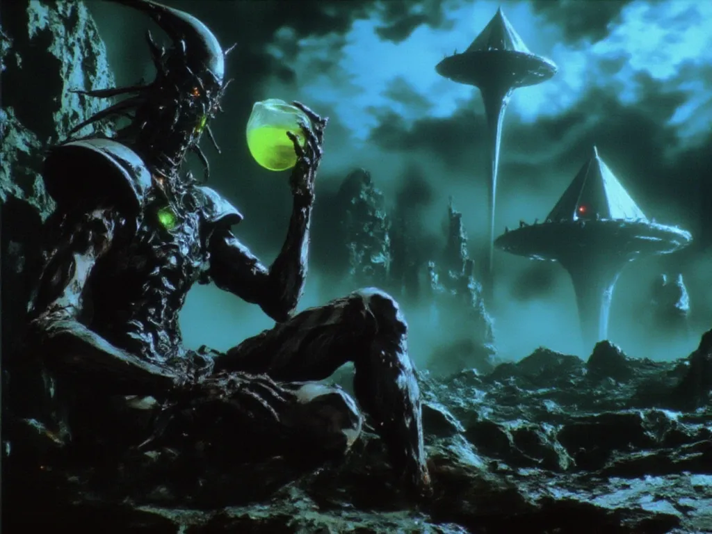 dvd screenshot of 1987 Dark Souls fantasy film, scene of a alien-robot drinking green atomic liquid from a cup, ships shaped like luminous pyramids in the sky, graindarkfantasy