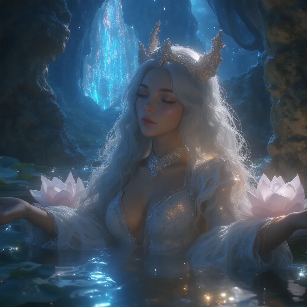 realistic style ,1 Goddess,   Silver Long Hair，Hair tips dyed gold ，Physics-Based Rendering,  Extremely detailed description ,  major ,  moon、Starlight、glowing crystal cave 、Sleeping on lotus、Vast lakeside，high quality, Best Quality,  High detail, masterpi...