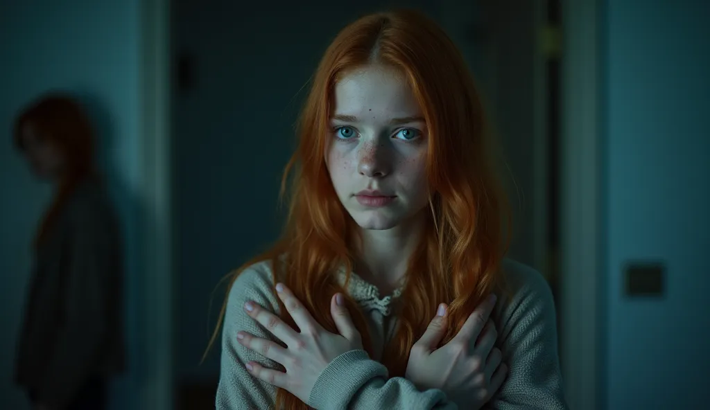 A young, fair-skinned, freckled redhead, about 19, hugs her arms as she feels a chill. The blurred background shows a dark figure behind her, barely visible. The room has a dim, bluish light. Realistic photo, —ar 16:9