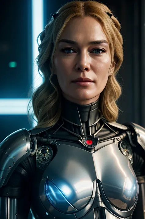 award-winning professional and realistic photo of beautiful Cersei Lannister, cyberpunk, cyborg, clear plastic details, I Robot, Alita, Terminator, sleek advanced futuristic cyborg, glowing cybernetic implants, futuristic sci-fi cyborg robot, detailed text...