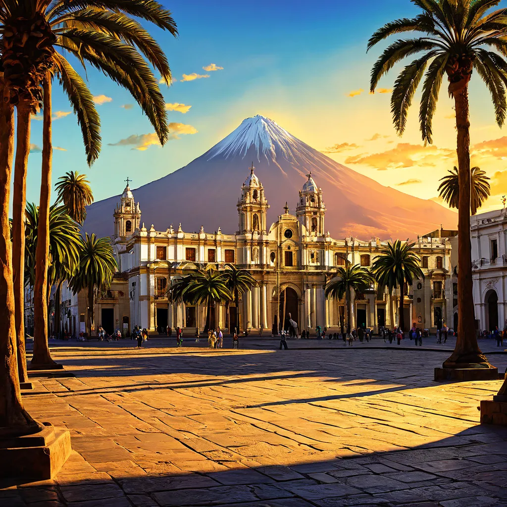 A hyperrealistic digital painting of Arequipa, Peru, featuring the Plaza de Armas with its colonial architecture, the majestic Cathedral with intricate details, and the Misti volcano towering in the background. The scene is bathed in warm golden light, wit...