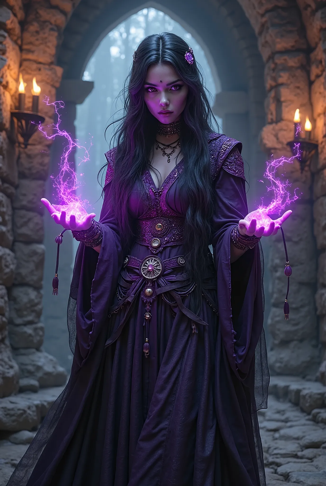  shanina shaik as drow sorceress with purple skin in a dungeon,fantasy character,beautiful female drow elf sorceress with long black hair,detailed facial features,piercing gaze,ornate dark robes,arcane symbols glowing,hands gesturing magic,standing in a di...