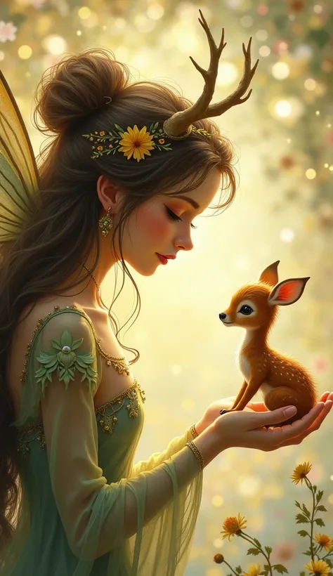 An illustration of a fairy’s profile. In her palm sits a (tiny deer baby ) facing the fairy. The scene harmoniously blends the fairy’s graceful expression with the deer’s endearing presence, creating a fantastical atmosphere.