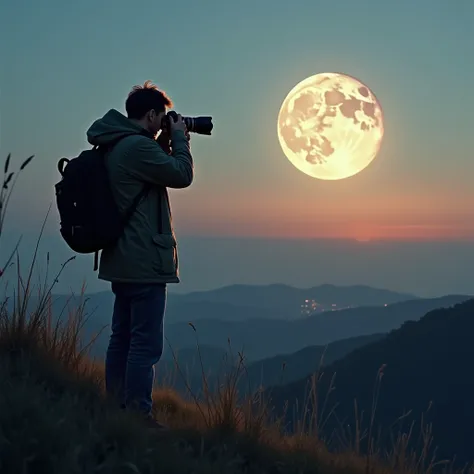 High on a hill; a photographer trying to take a picture of the Moon. 