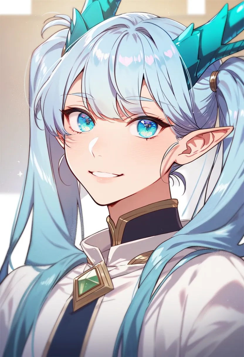 1girl, pretty, cute, light blue hair, long hair, twintail, bangs, cyan eyes, dragon horn, dragon tail, elf, white outfit, manhwa