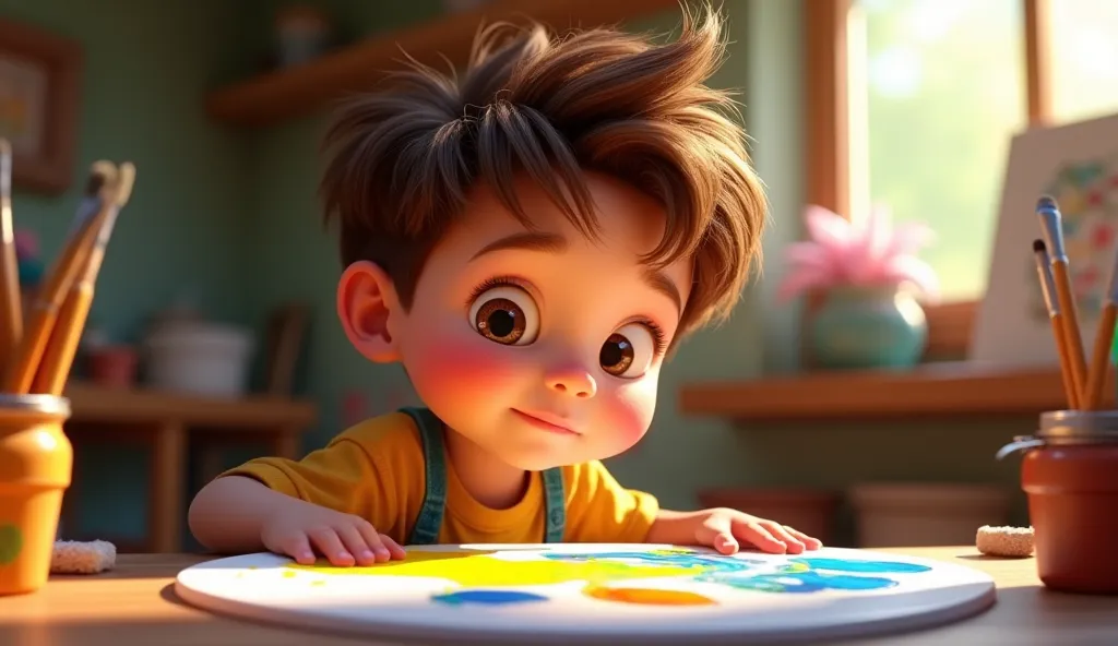 disney pixar style. A  BOY MIXING BLUE AND YELLOW PAINTS,