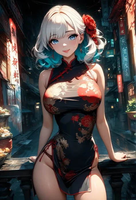 A woman wearing a sexy China dress, I see red underwear, Large Breasts, China dress, Captivate the viewer, Smile, Detailed face, Long eyelashes, Beautiful Eyes, Moist lips, Sexy Makeup, shiny skin, Beautiful and intricate lace detailing, Cowboy Shot, Rando...