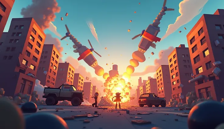 A dynamic YouTube banner in the style of the game Teardown. The scene features a voxel-based city with buildings collapsing, explosions, and debris flying, capturing the game's signature destruction physics. In the foreground, a wrecked vehicle or a constr...