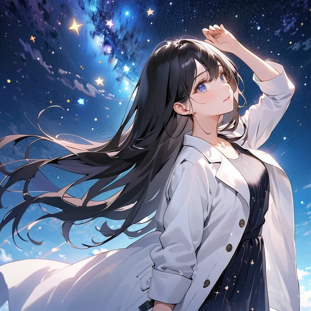 ( Hi-Res), 星 look up at the sky長髪の美女 、２８age、 strong eyes  、Willpower 、 length, Shiny long black hair swaying in the wind、alone、  sky-like life on the Koran、１０００ Starry Night Sky 、 Wear a white contemporary coat 、 doesn't forget the feeling of the day 、 lis...