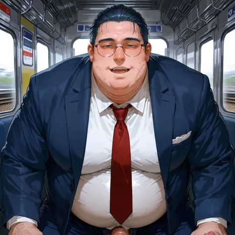 obese fat man,male focus,black slicked back hair ,round glasses,Japanese ,nose,(obese:1.5) ,navy blue suit,red tie,front view,dress shirt,cleft chin,wrinkles skin,penis ,(sweat:0.8),(covered big stomach:1.1),look at viewer,(front view:1.4),train,open mouth...