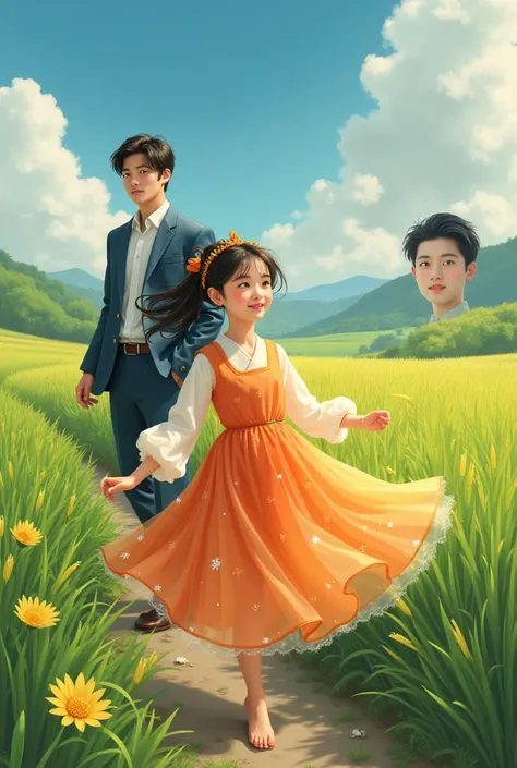 Draw a peasant girl in a playful, cheerful, transparent dress.
And draw a handsome young man in a suit, cool-looking, on the back as a field of rice, drawn as a field of rice, a groove of rice, drawing out the face of a Korean.