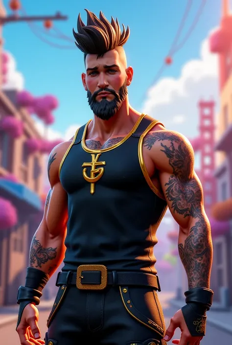 Create a skin with my face with a Fornite theme with a black tank top and black pants with something gold with a beard, tattoos and a mohican gradient cut