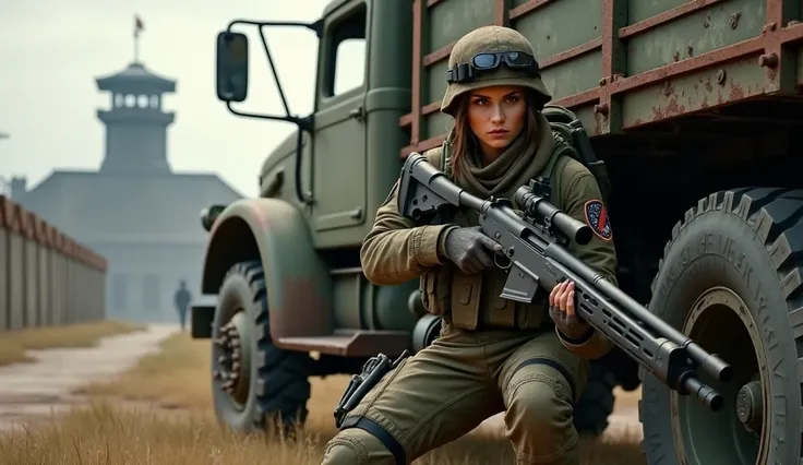 Female soldier with a shotgun in her hands hidden behind an abandoned military truck on a paved street in the background of a military tower and guard behind a high wall