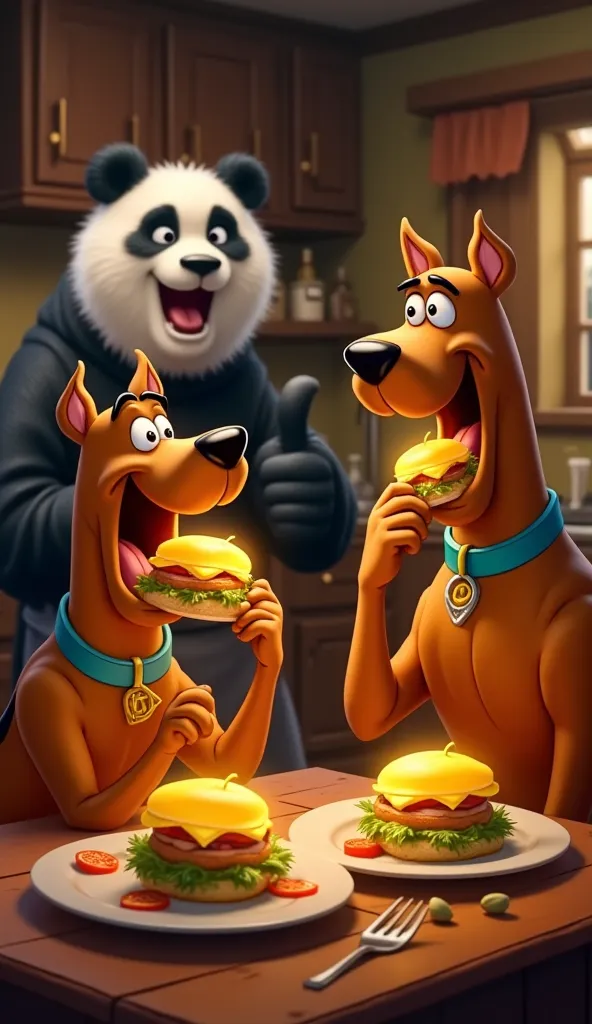 Scooby-Doo eagerly take big bites of the glowing club sandwiches, their faces lighting up with exaggerated joy. Scooby-Doo’s eyes widen with delight as he devours the sandwich, and Shaggy eagerly follows suit, giving a thumbs-up to the panda chef. The rust...