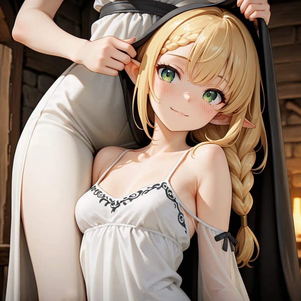 Anime style, 1girl, half-elf. Fair skin, cute face, slim and short body. Small breasts and thick thighs. Green eyes. Long chestnut-blonde hair, styled in a fringe and a single thick braid. (cheerful, embarassed). In medieval inn, looking around. Wears medi...