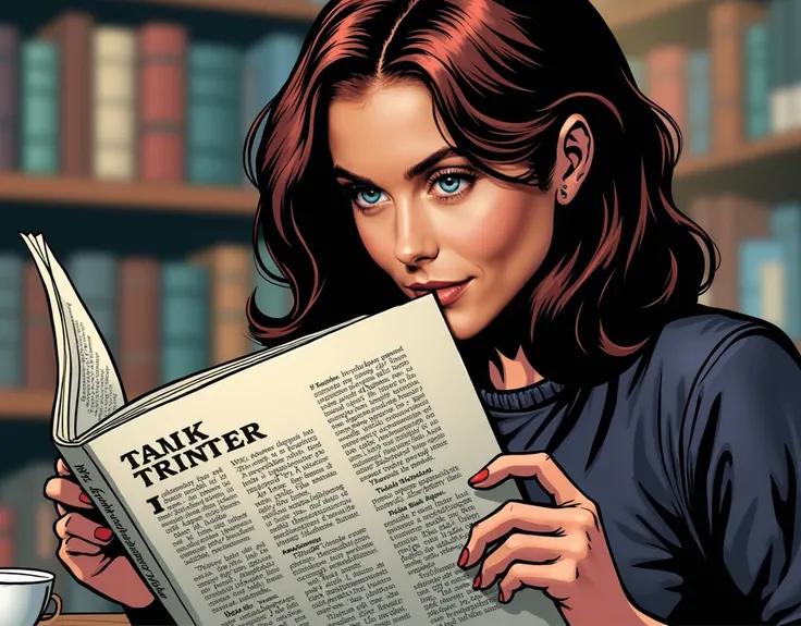 Close-up of Emma leafing through a prestigious literary magazine, with her name highlighted in an article. Blurry backgrounds of books and coffee cups. Estilo DC Comics: bold lines, vibrant colors and dramatic shadows that highlight the heroic urban enviro...