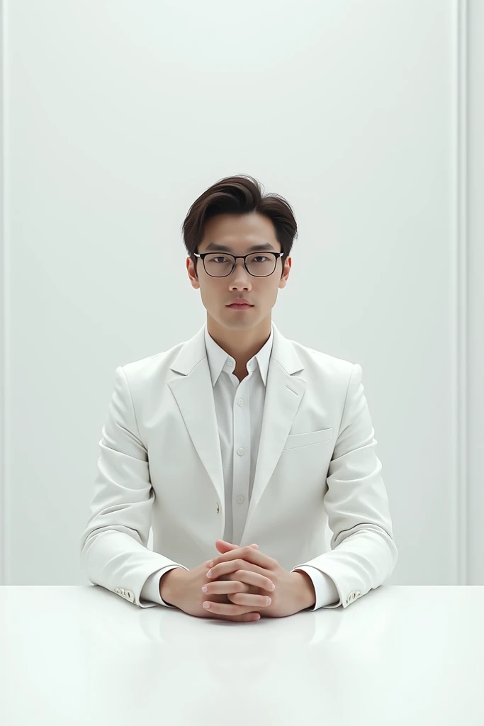 handsome austere short-haired brunette man with glasses in a white suit sits at a table in an empty white room without windows with white walls