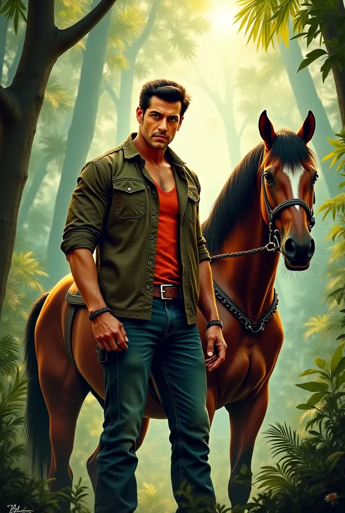 Create a salman khan bollywood actor image in jungle with horse 