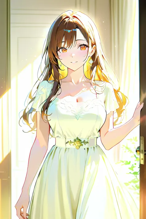 Beautiful Girl。 Gold。Princess。white dress。 beautiful flowers。anime style。