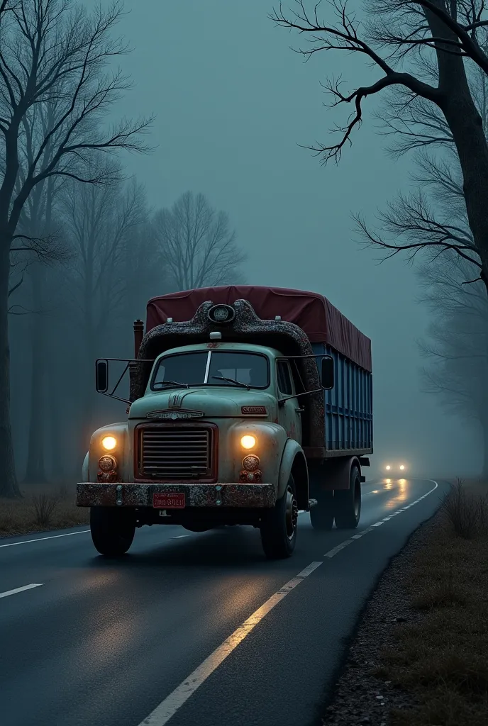 Make a same  truck like this add horror view of haunted empty highway in a dark night green trees around the highway spooky vibes ultra realistic image