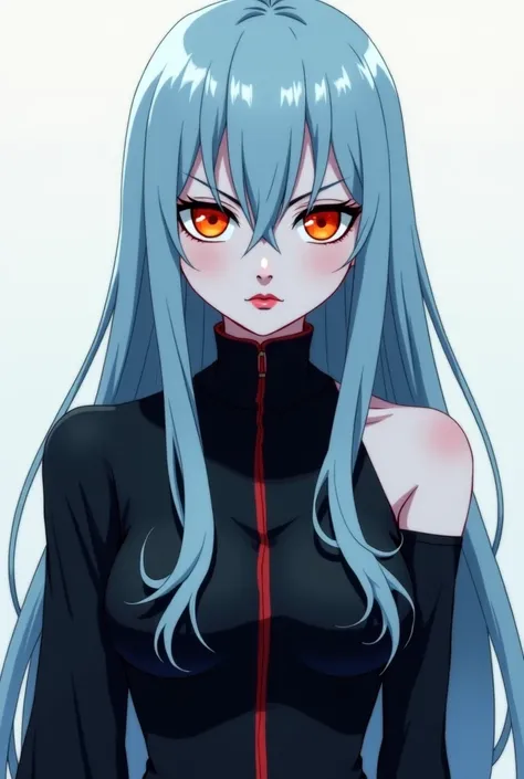 A tall, slim, beautiful, ghostly white skinned woman with long, middle parted light blue hair, snake-like orange eyes, wearing a black bodysuit with no sleeves and an akatsuki coat, red lips, dark lashes, based on the style of Naruto