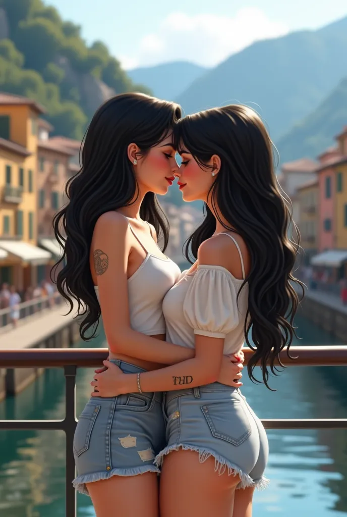 

Friends standing kissing on a bridge against a background of mountains and buildings in Andorra ( uma Mulher Danielle laz fair skin with glossy light brown eyes perfect long black hair shiny velvet mouth tattoo on the neck and the hand ) white blouse and...