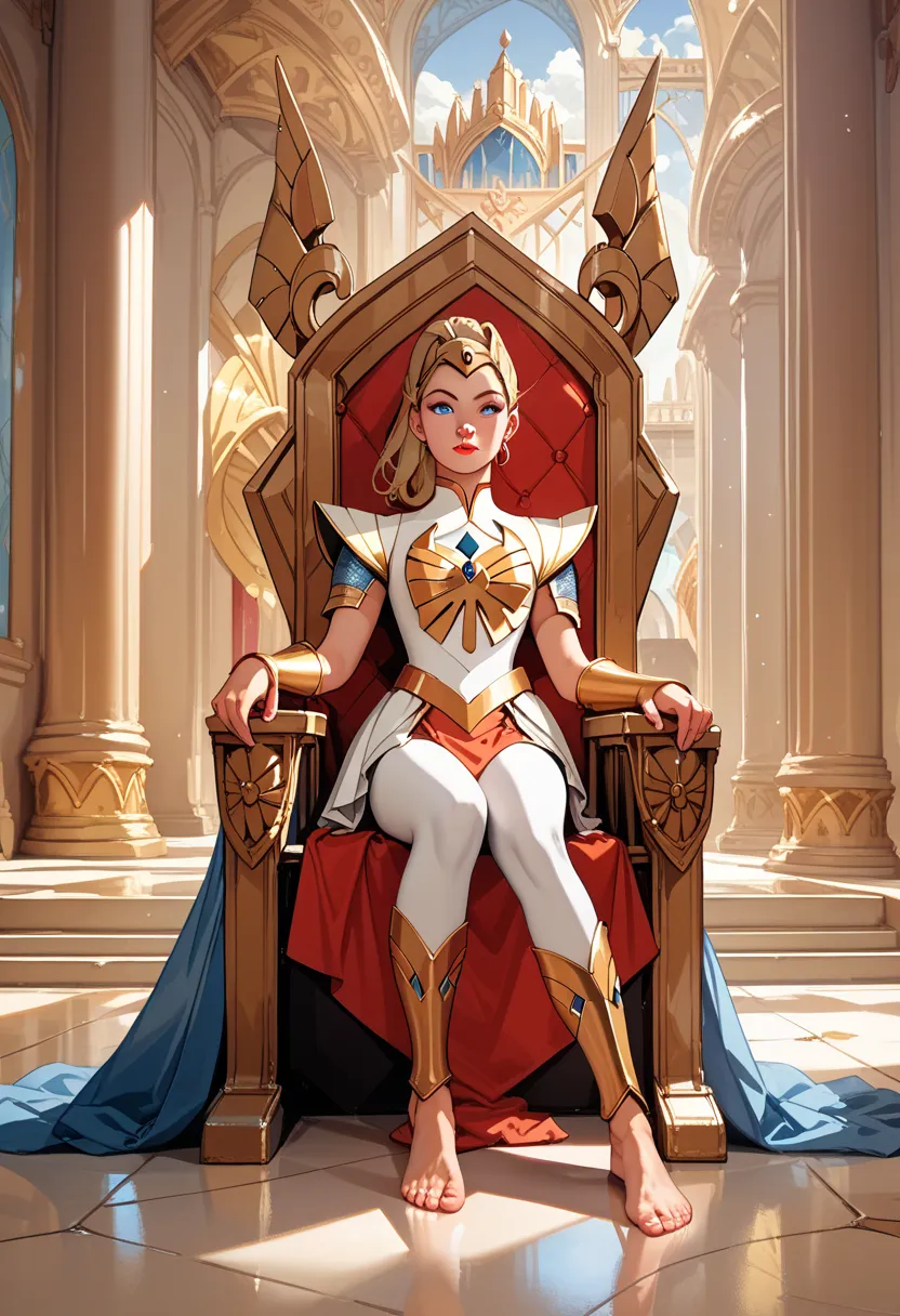 ((photo by full body, standing, Feet on the ground)) 1girl, woman, solo, lipstick, anime style, blue eyes, pale skin, blonde hair, ponytail, armor, royal palace, sitting on a throne, She-ra, cowboy shot.