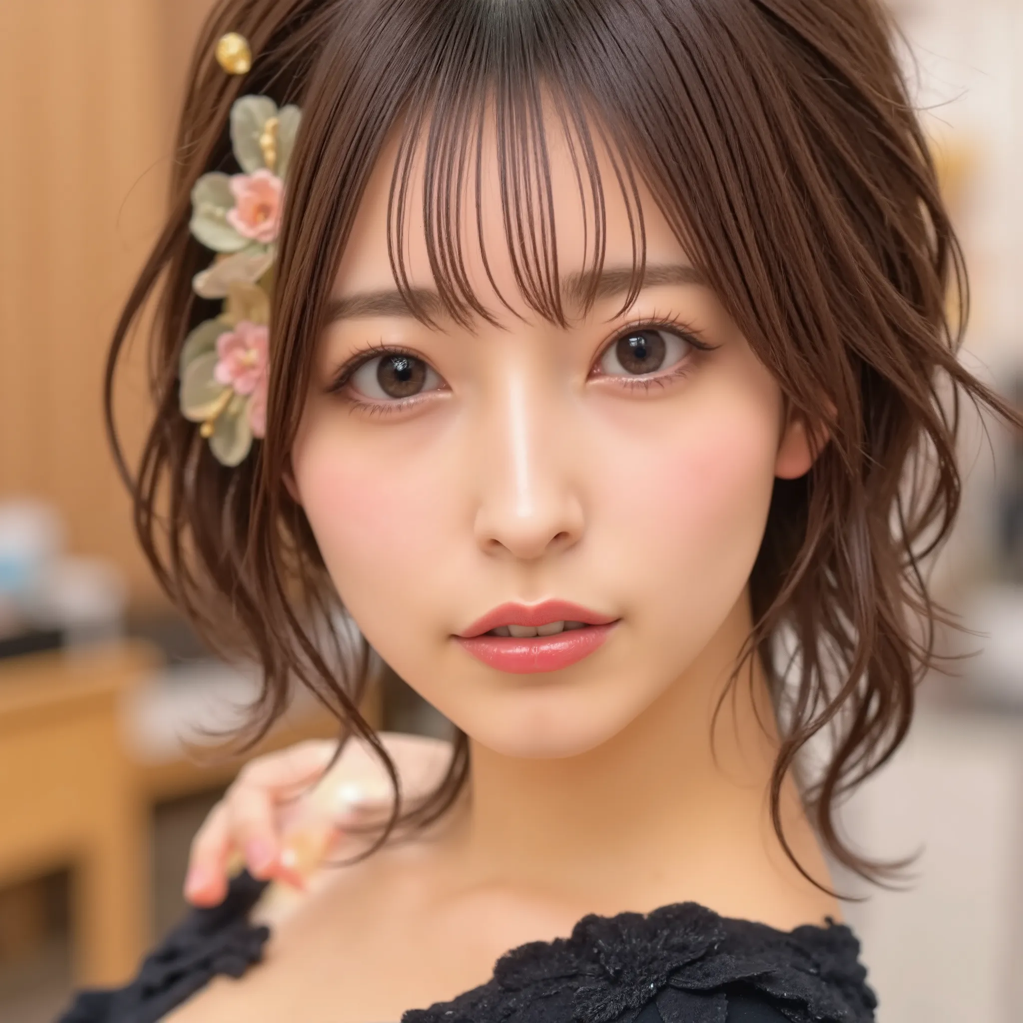 ( by Mr. Nomi:1.3,  photorealistic:1.5,  RAW photo, Model Photo), Nipples , Magazine cover photo,  she is a fresh Japanese fashion model,   Gently holding a heart-shaped chocolate   , (  small smile  :1.1),  symmetrical eyes,  Light Brown Eyes ,  double ey...