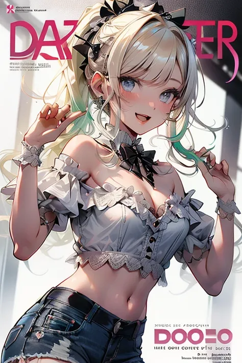 (mid breasts:1.3), (perky chest:1.3), (pointed chest:1.2), (lolita fashion magazine cover:1.3)，(from below:1.0),(from side:0.9),masterpiece, 1girl, Amazing Cleavage:1.2, thin waist, big ass, Raised sexy, small breast: 1.3, posed cleavage:1.2、(from below:1....