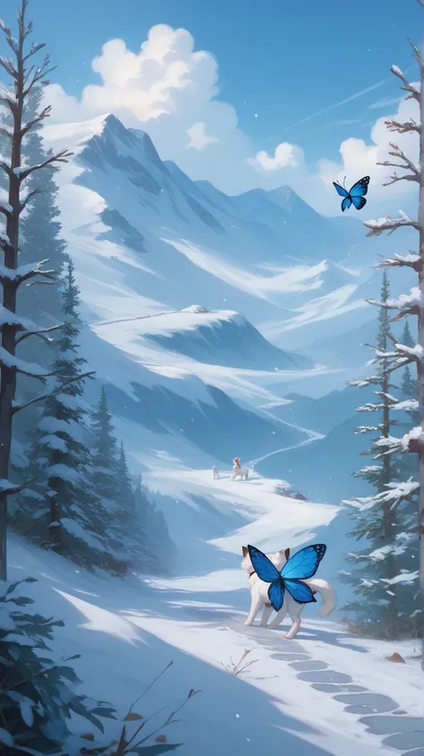 "The white cat follows the glowing blue butterfly through a snowy path. The wind gently blows, causing small snowdrifts to swirl in the air. The butterfly leads the way, creating a faint shimmering trail in the snow."