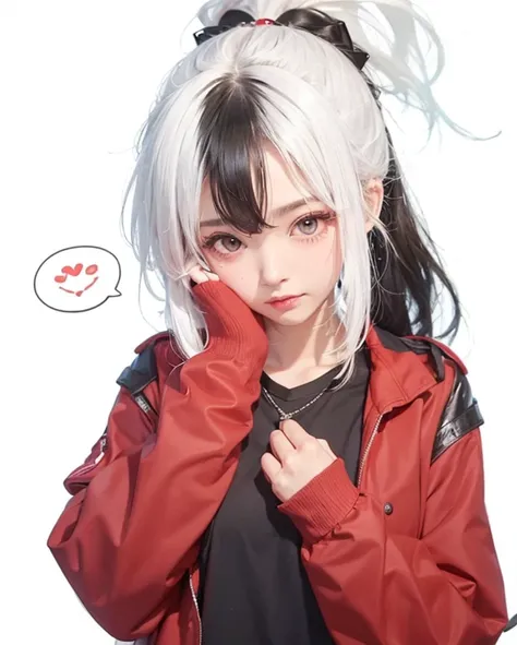 a cute girl, with a ponytail white hair, with a black shirt, and red jacket, blushing